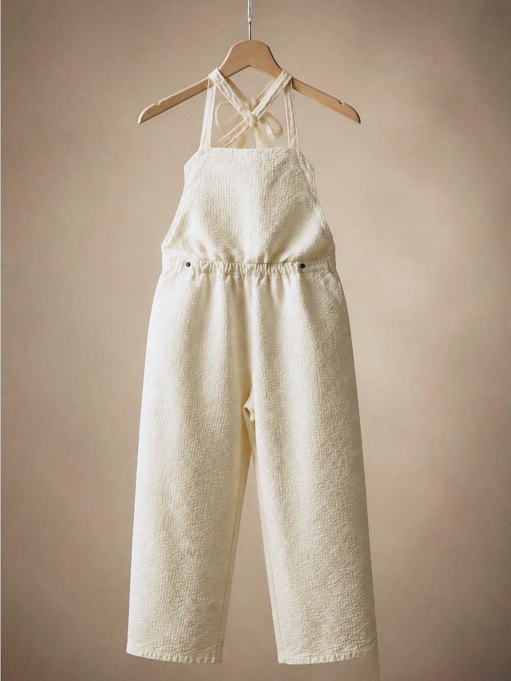 Roxy White Textured Halter Jumpsuit with Cross-Back Tie - Picture 1 of 2